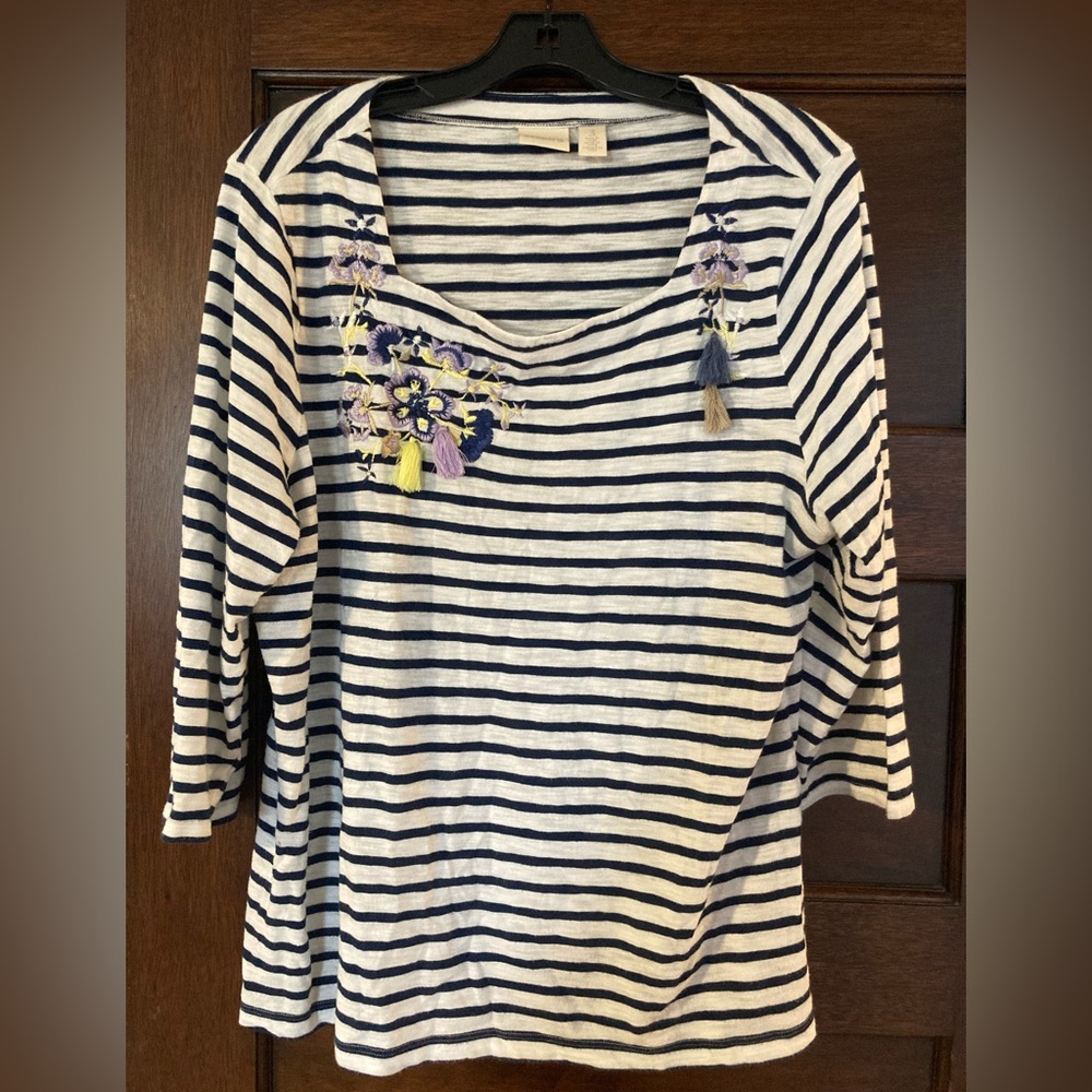 Chico’s size 3. Navy and white striped with appliqué